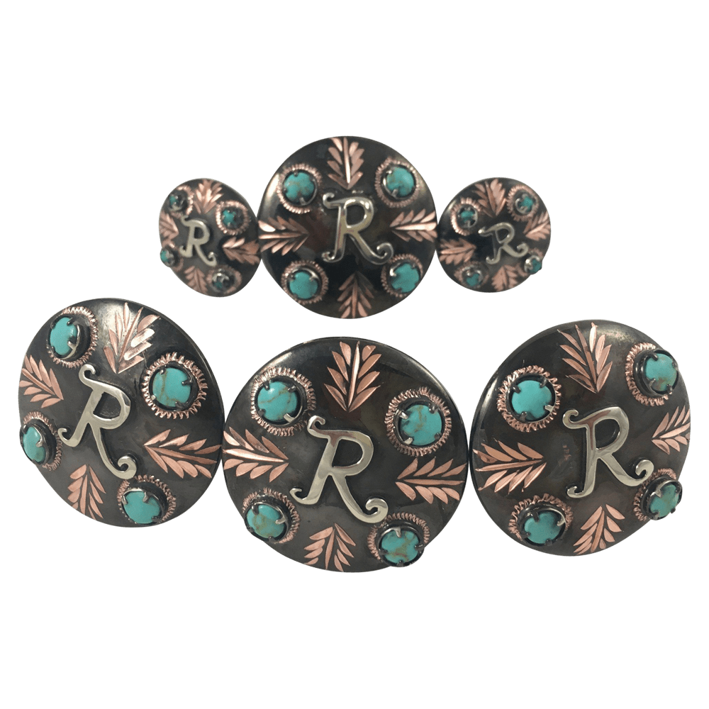 Set of 16 Western Screw Back Concho 1.5 in Turquoise Stone Floral Saddle